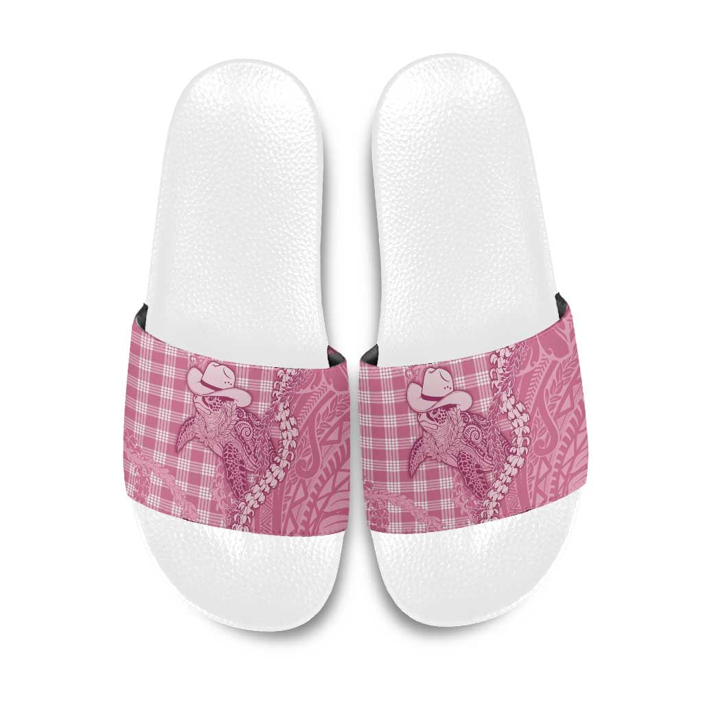 Pink Hawaii Palaka Cowboy Turtle Slide Sandals Hawaiian Paniolo Puakenikeni Maile Lei DT05 Pink - Polynesian Pride
