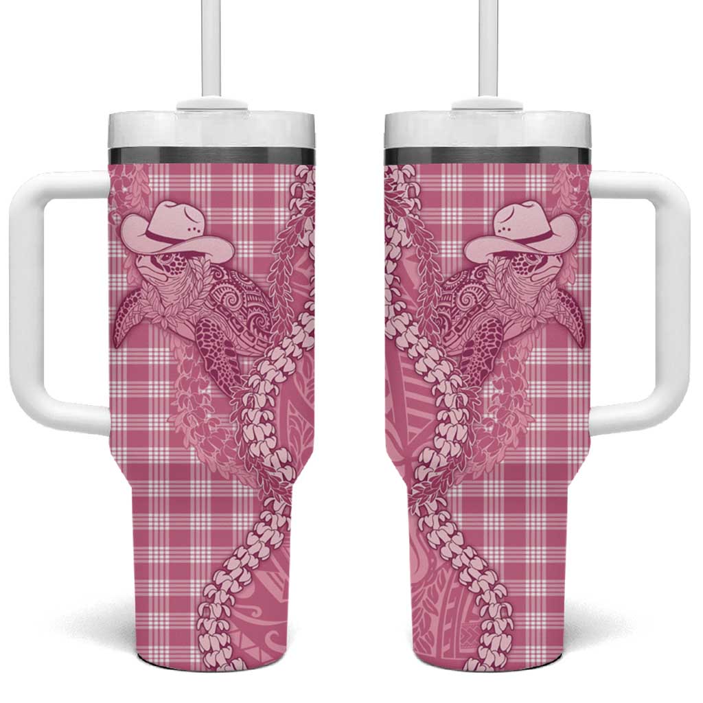 Pink Hawaii Palaka Cowboy Turtle Tumbler With Handle Hawaiian Paniolo Puakenikeni Maile Lei DT05 One Size: 40 oz Pink - Polynesian Pride