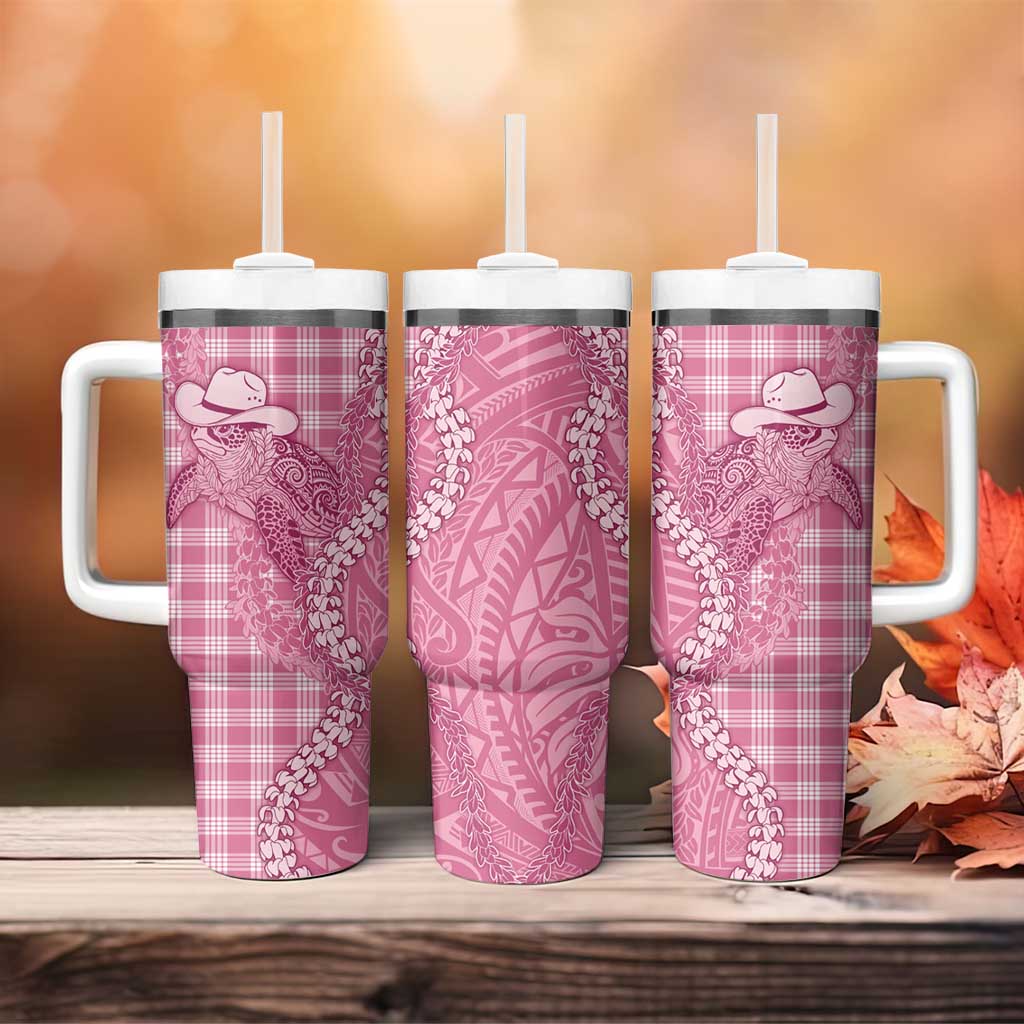 Pink Hawaii Palaka Cowboy Turtle Tumbler With Handle Hawaiian Paniolo Puakenikeni Maile Lei DT05 - Polynesian Pride