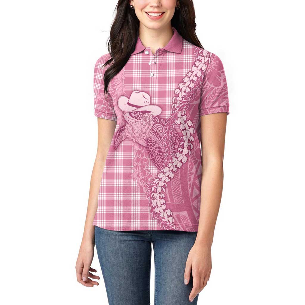 Pink Hawaii Palaka Cowboy Turtle Women Polo Shirt Hawaiian Paniolo Puakenikeni Maile Lei - Polynesian Pride