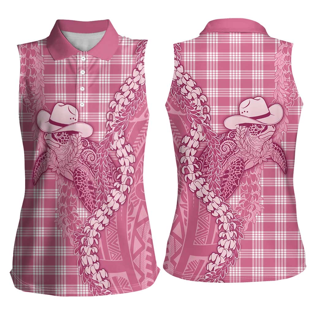 Pink Hawaii Palaka Cowboy Turtle Women Sleeveless Polo Shirt Hawaiian Paniolo Puakenikeni Maile Lei DT05 - Polynesian Pride