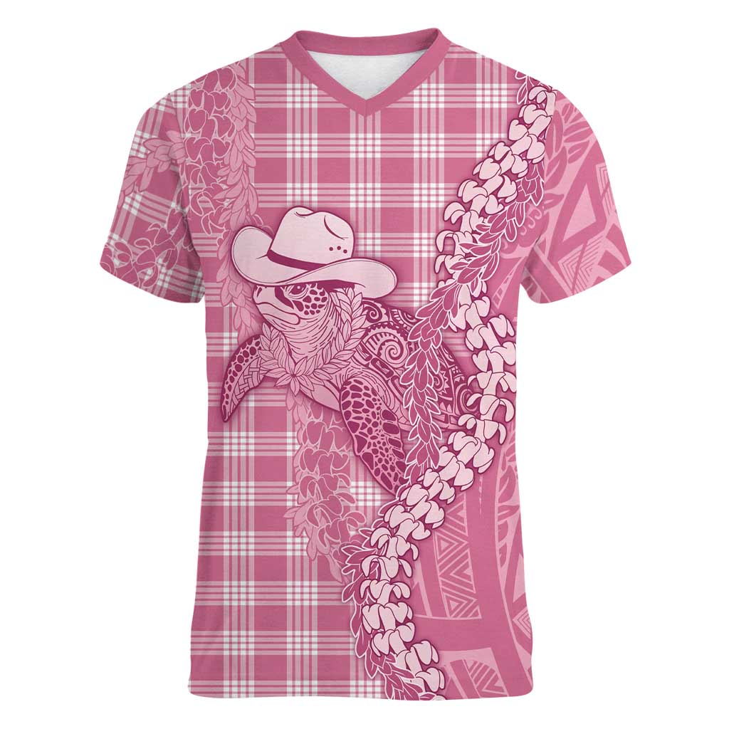 Pink Hawaii Palaka Cowboy Turtle Women V-Neck T-Shirt Hawaiian Paniolo Puakenikeni Maile Lei DT05 Female Pink - Polynesian Pride