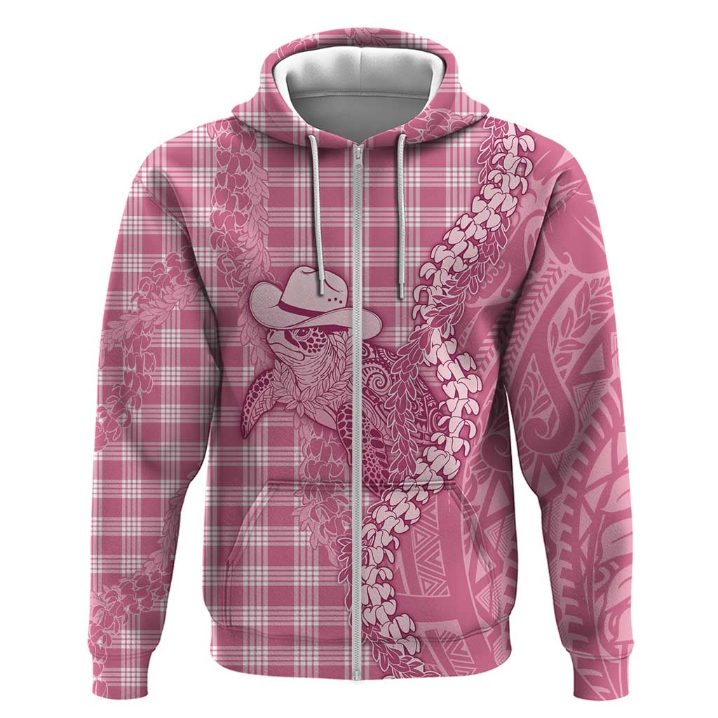 Pink Hawaii Palaka Cowboy Turtle Zip Hoodie Hawaiian Paniolo Puakenikeni Maile Lei DT05 Zip Hoodie Pink - Polynesian Pride