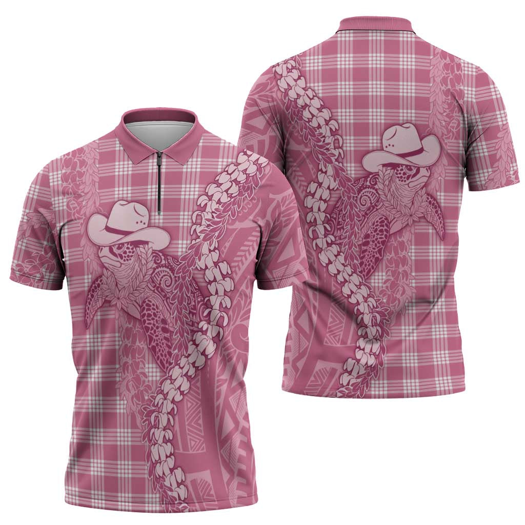 Pink Hawaii Palaka Cowboy Turtle Zipper Polo Shirt Hawaiian Paniolo Puakenikeni Maile Lei DT05 - Polynesian Pride