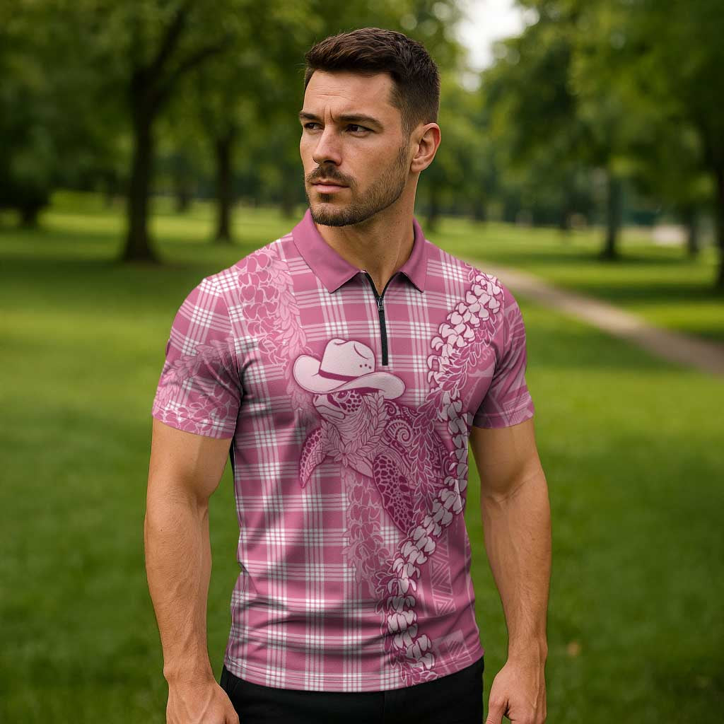 Pink Hawaii Palaka Cowboy Turtle Zipper Polo Shirt Hawaiian Paniolo Puakenikeni Maile Lei DT05 - Polynesian Pride