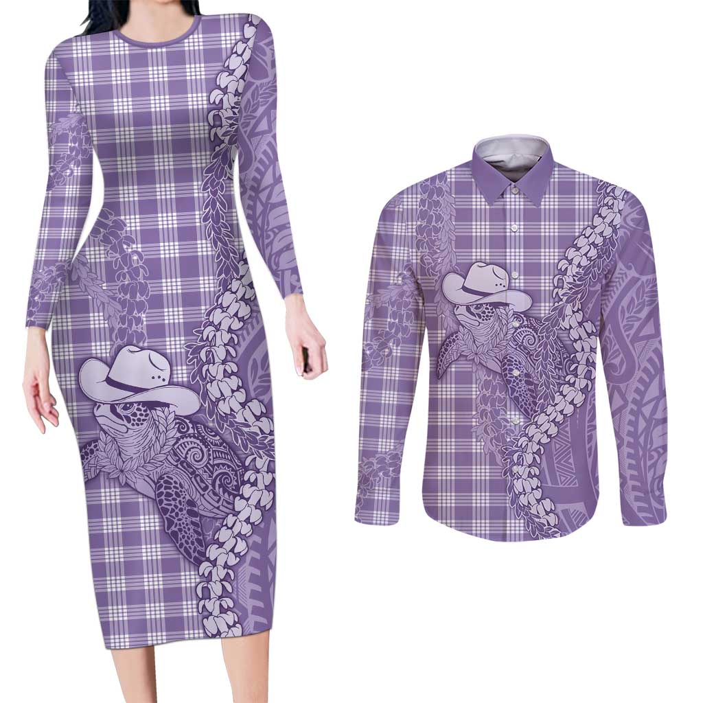 Purple Hawaii Palaka Cowboy Turtle Couples Matching Long Sleeve Bodycon Dress and Long Sleeve Button Shirt Hawaiian Paniolo Puakenikeni Maile Lei DT05 Purple - Polynesian Pride
