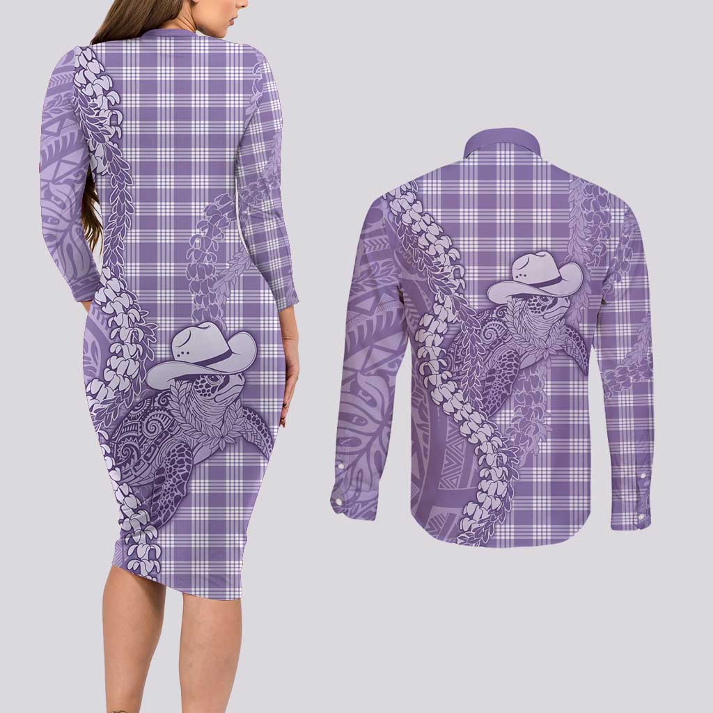 Purple Hawaii Palaka Cowboy Turtle Couples Matching Long Sleeve Bodycon Dress and Long Sleeve Button Shirt Hawaiian Paniolo Puakenikeni Maile Lei DT05 - Polynesian Pride