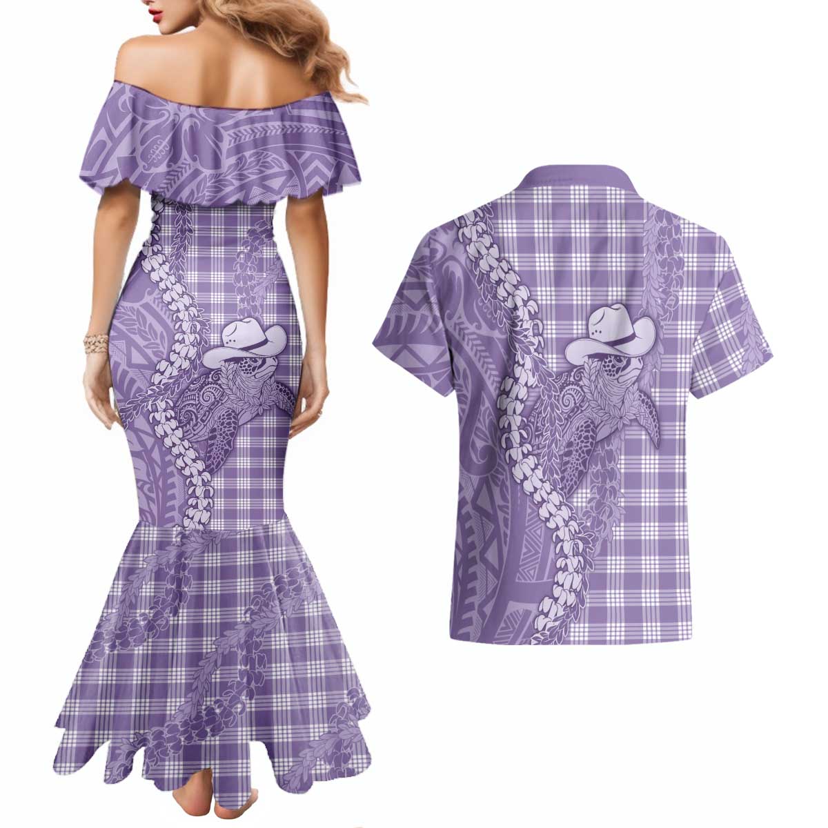 Purple Hawaii Palaka Cowboy Turtle Couples Matching Mermaid Dress and Hawaiian Shirt Hawaiian Paniolo Puakenikeni Maile Lei DT05 - Polynesian Pride