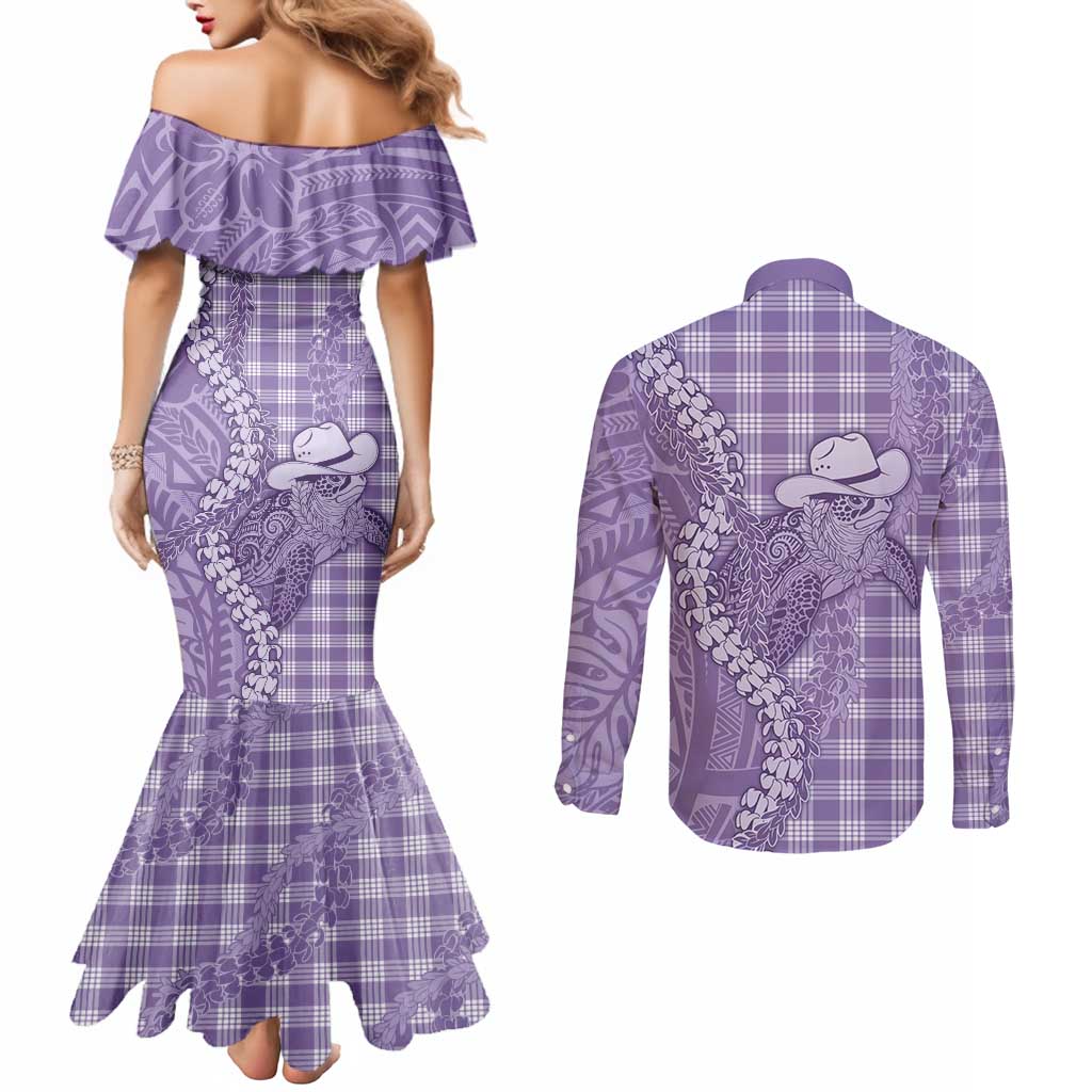 Purple Hawaii Palaka Cowboy Turtle Couples Matching Mermaid Dress and Long Sleeve Button Shirt Hawaiian Paniolo Puakenikeni Maile Lei DT05 - Polynesian Pride