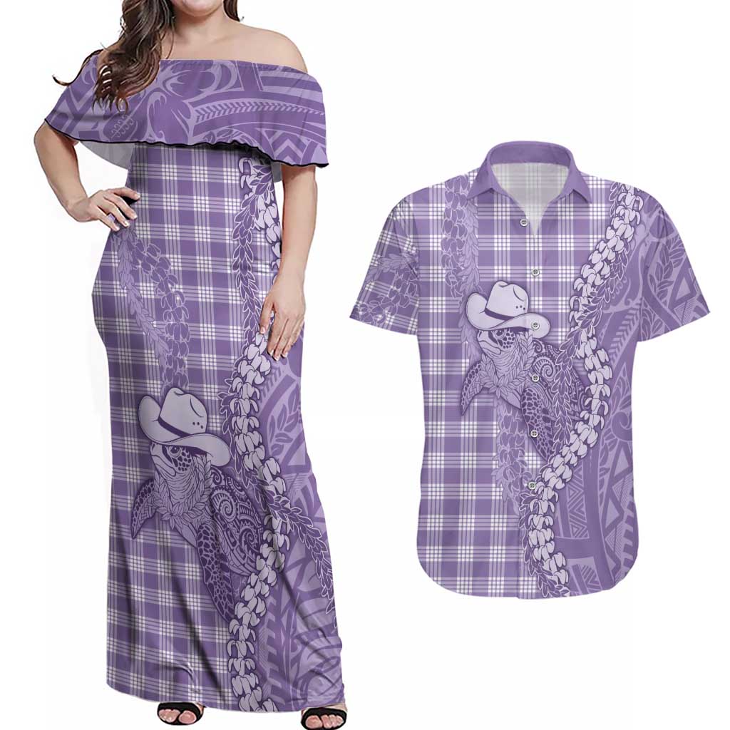 Purple Hawaii Palaka Cowboy Turtle Couples Matching Off Shoulder Maxi Dress and Hawaiian Shirt Hawaiian Paniolo Puakenikeni Maile Lei - Polynesian Pride