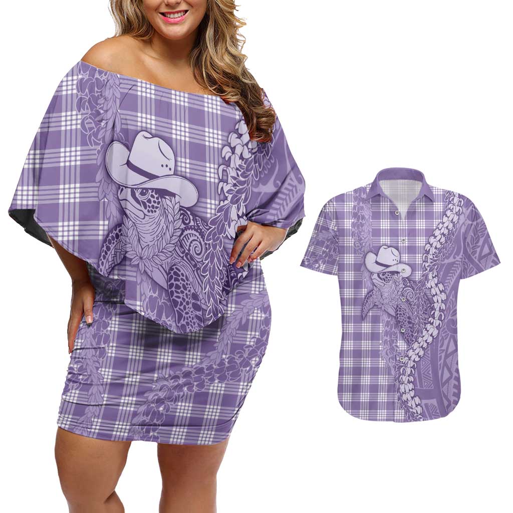 Purple Hawaii Palaka Cowboy Turtle Couples Matching Off Shoulder Short Dress and Hawaiian Shirt Hawaiian Paniolo Puakenikeni Maile Lei DT05 Purple - Polynesian Pride
