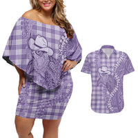 Purple Hawaii Palaka Cowboy Turtle Couples Matching Off Shoulder Short Dress and Hawaiian Shirt Hawaiian Paniolo Puakenikeni Maile Lei DT05 Purple - Polynesian Pride