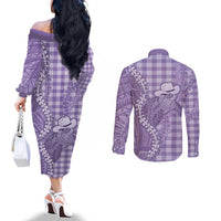 Purple Hawaii Palaka Cowboy Turtle Couples Matching Off The Shoulder Long Sleeve Dress and Long Sleeve Button Shirt Hawaiian Paniolo Puakenikeni Maile Lei DT05 - Polynesian Pride