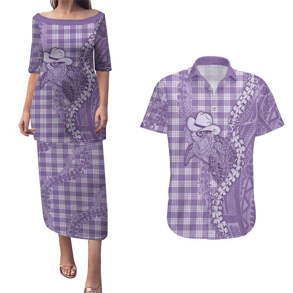 Purple Hawaii Palaka Cowboy Turtle Couples Matching Puletasi and Hawaiian Shirt Hawaiian Paniolo Puakenikeni Maile Lei DT05 Purple - Polynesian Pride