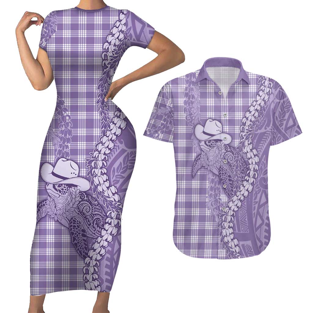 Purple Hawaii Palaka Cowboy Turtle Couples Matching Short Sleeve Bodycon Dress and Hawaiian Shirt Hawaiian Paniolo Puakenikeni Maile Lei DT05 Purple - Polynesian Pride
