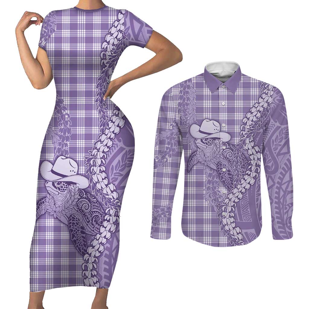 Purple Hawaii Palaka Cowboy Turtle Couples Matching Short Sleeve Bodycon Dress and Long Sleeve Button Shirt Hawaiian Paniolo Puakenikeni Maile Lei DT05 Purple - Polynesian Pride