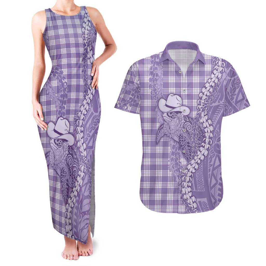 Purple Hawaii Palaka Cowboy Turtle Couples Matching Tank Maxi Dress and Hawaiian Shirt Hawaiian Paniolo Puakenikeni Maile Lei DT05 Purple - Polynesian Pride