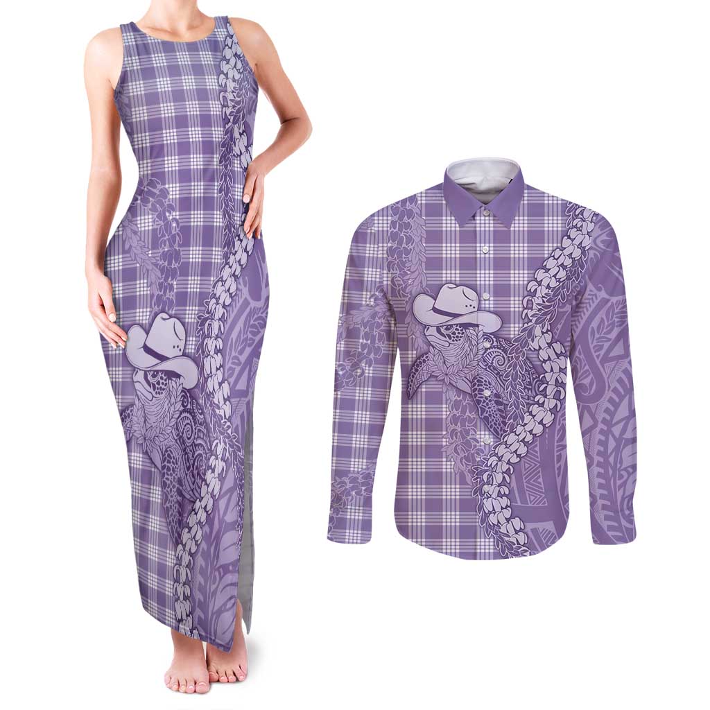 Purple Hawaii Palaka Cowboy Turtle Couples Matching Tank Maxi Dress and Long Sleeve Button Shirt Hawaiian Paniolo Puakenikeni Maile Lei DT05 Purple - Polynesian Pride