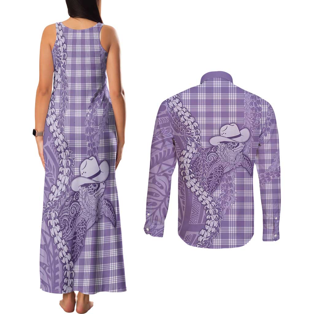 Purple Hawaii Palaka Cowboy Turtle Couples Matching Tank Maxi Dress and Long Sleeve Button Shirt Hawaiian Paniolo Puakenikeni Maile Lei DT05 - Polynesian Pride