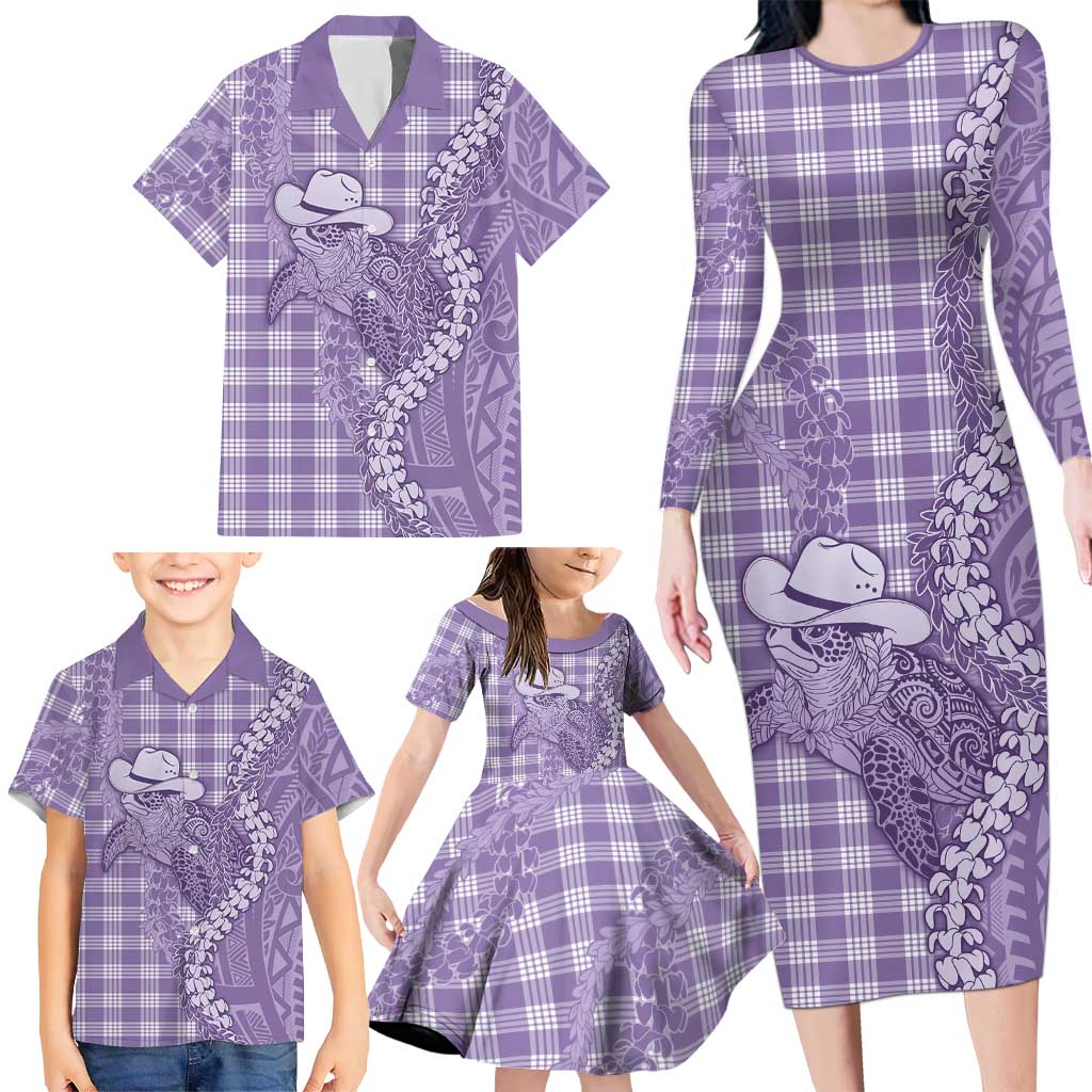 Purple Hawaii Palaka Cowboy Turtle Family Matching Long Sleeve Bodycon Dress and Hawaiian Shirt Hawaiian Paniolo Puakenikeni Maile Lei DT05 - Polynesian Pride