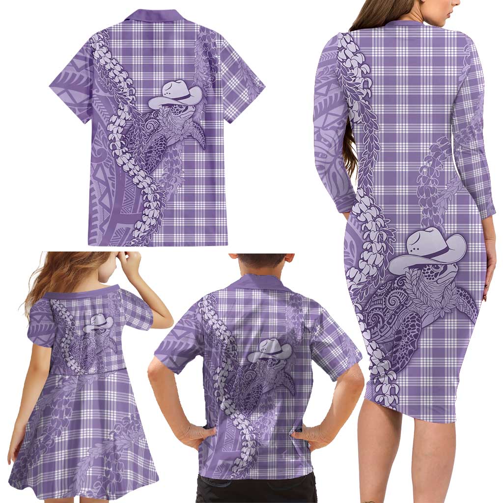 Purple Hawaii Palaka Cowboy Turtle Family Matching Long Sleeve Bodycon Dress and Hawaiian Shirt Hawaiian Paniolo Puakenikeni Maile Lei DT05 - Polynesian Pride