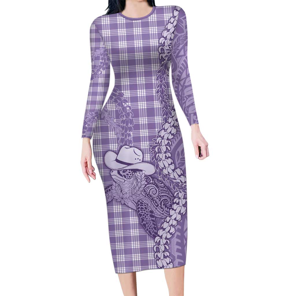 Purple Hawaii Palaka Cowboy Turtle Family Matching Long Sleeve Bodycon Dress and Hawaiian Shirt Hawaiian Paniolo Puakenikeni Maile Lei DT05 Mom's Dress Purple - Polynesian Pride