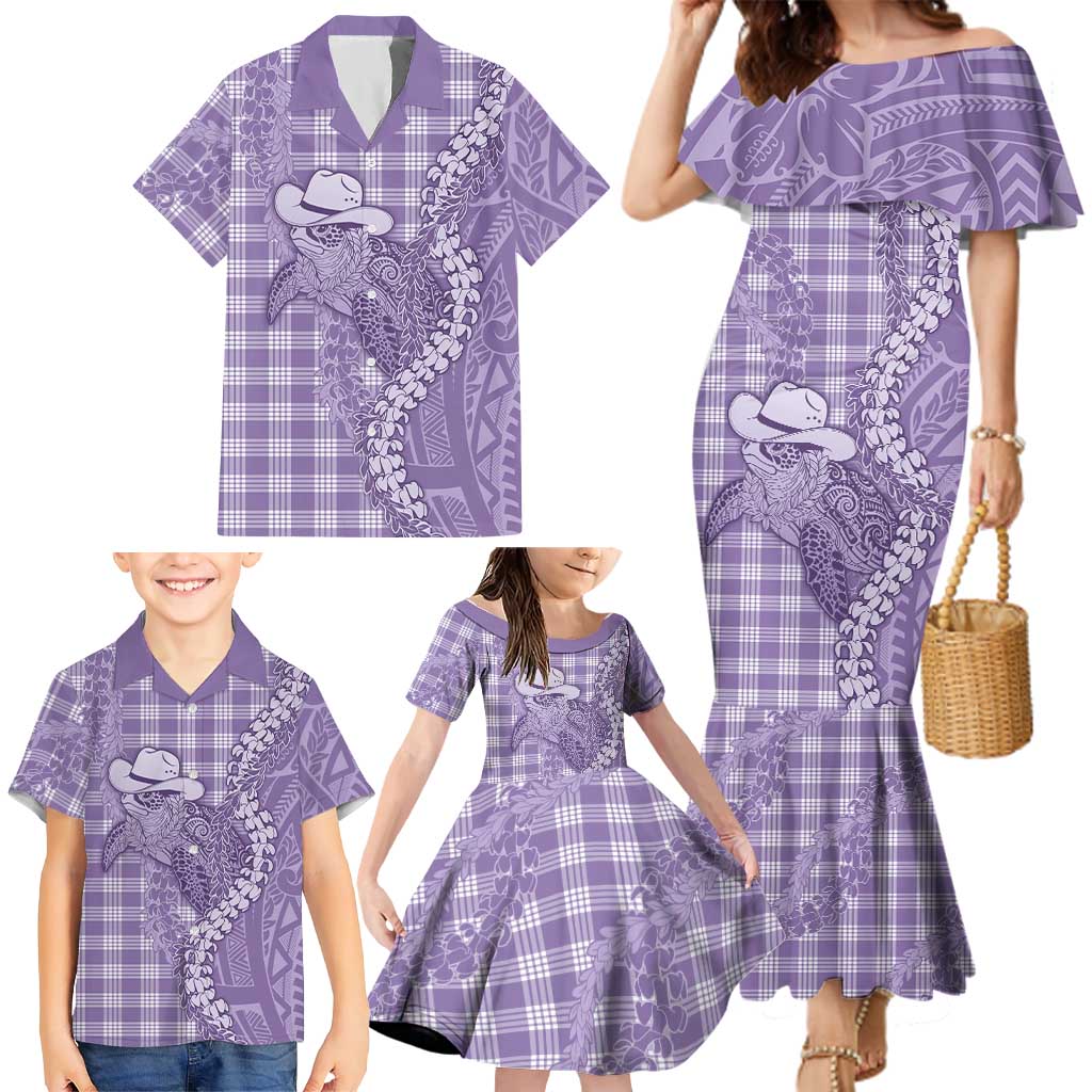 Purple Hawaii Palaka Cowboy Turtle Family Matching Mermaid Dress and Hawaiian Shirt Hawaiian Paniolo Puakenikeni Maile Lei - Polynesian Pride