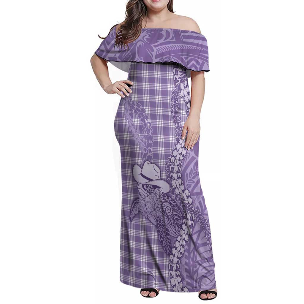 Purple Hawaii Palaka Cowboy Turtle Family Matching Off Shoulder Maxi Dress and Hawaiian Shirt Hawaiian Paniolo Puakenikeni Maile Lei DT05 Mom's Dress Purple - Polynesian Pride