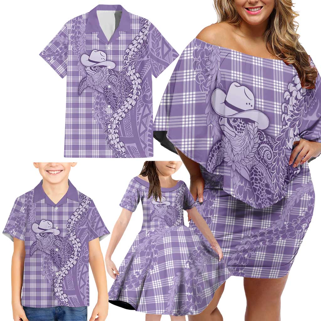 Purple Hawaii Palaka Cowboy Turtle Family Matching Off Shoulder Short Dress and Hawaiian Shirt Hawaiian Paniolo Puakenikeni Maile Lei DT05 - Polynesian Pride