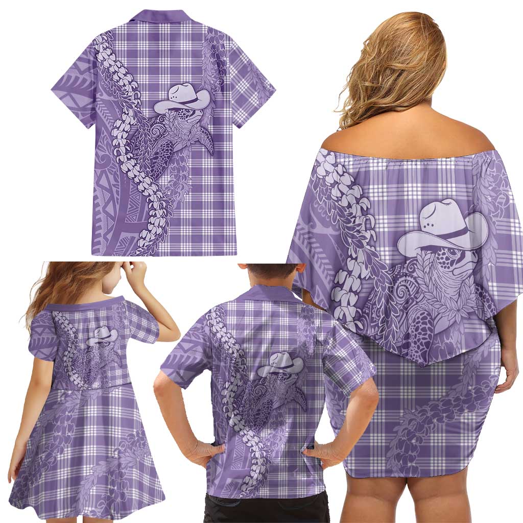 Purple Hawaii Palaka Cowboy Turtle Family Matching Off Shoulder Short Dress and Hawaiian Shirt Hawaiian Paniolo Puakenikeni Maile Lei DT05 - Polynesian Pride