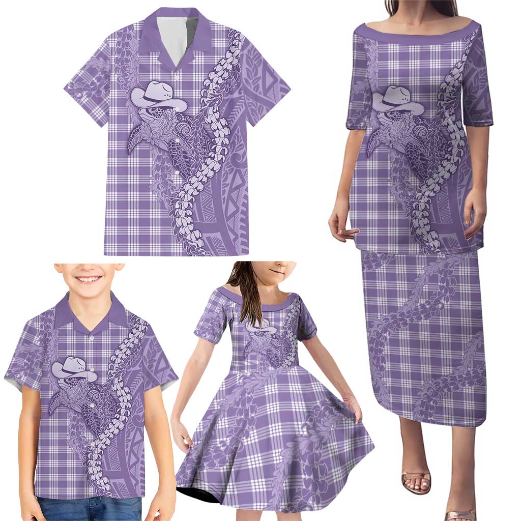 Purple Hawaii Palaka Cowboy Turtle Family Matching Puletasi and Hawaiian Shirt Hawaiian Paniolo Puakenikeni Maile Lei - Polynesian Pride