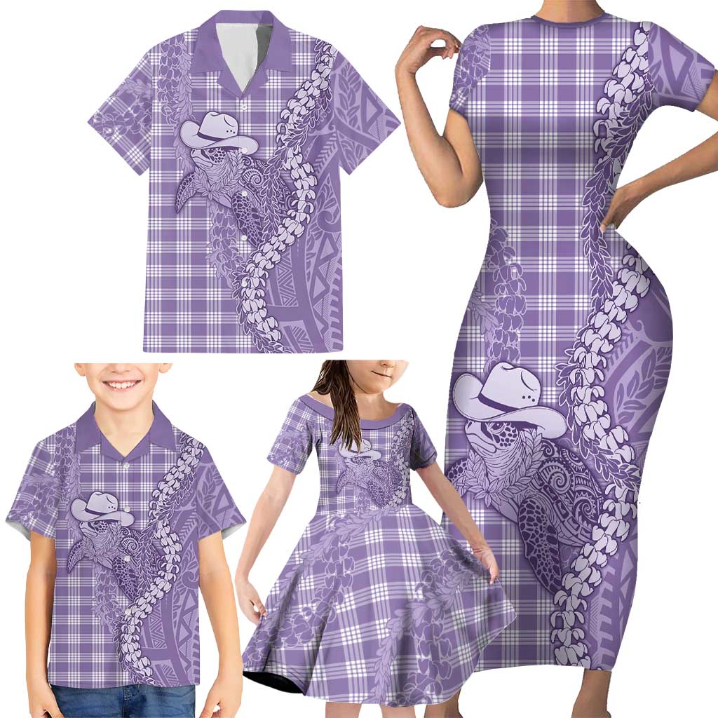 Purple Hawaii Palaka Cowboy Turtle Family Matching Short Sleeve Bodycon Dress and Hawaiian Shirt Hawaiian Paniolo Puakenikeni Maile Lei DT05 - Polynesian Pride