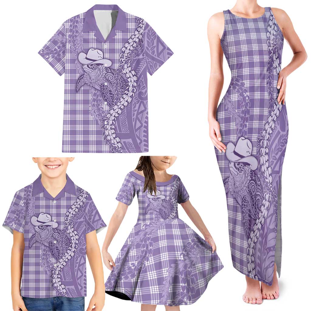 Purple Hawaii Palaka Cowboy Turtle Family Matching Tank Maxi Dress and Hawaiian Shirt Hawaiian Paniolo Puakenikeni Maile Lei - Polynesian Pride