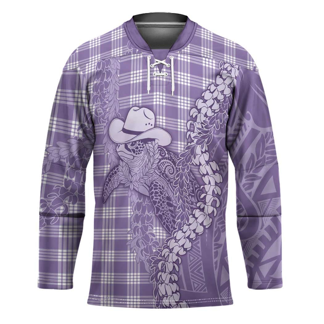 Purple Hawaii Palaka Cowboy Turtle Hockey Jersey Hawaiian Paniolo Puakenikeni Maile Lei - Polynesian Pride