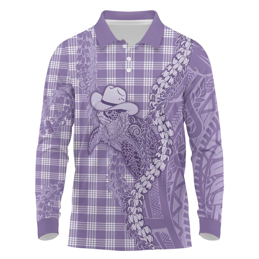 Purple Hawaii Palaka Cowboy Turtle Long Sleeve Polo Shirt Hawaiian Paniolo Puakenikeni Maile Lei DT05 Purple - Polynesian Pride