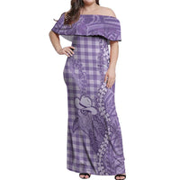 Purple Hawaii Palaka Cowboy Turtle Off Shoulder Maxi Dress Hawaiian Paniolo Puakenikeni Maile Lei DT05 Women Purple - Polynesian Pride