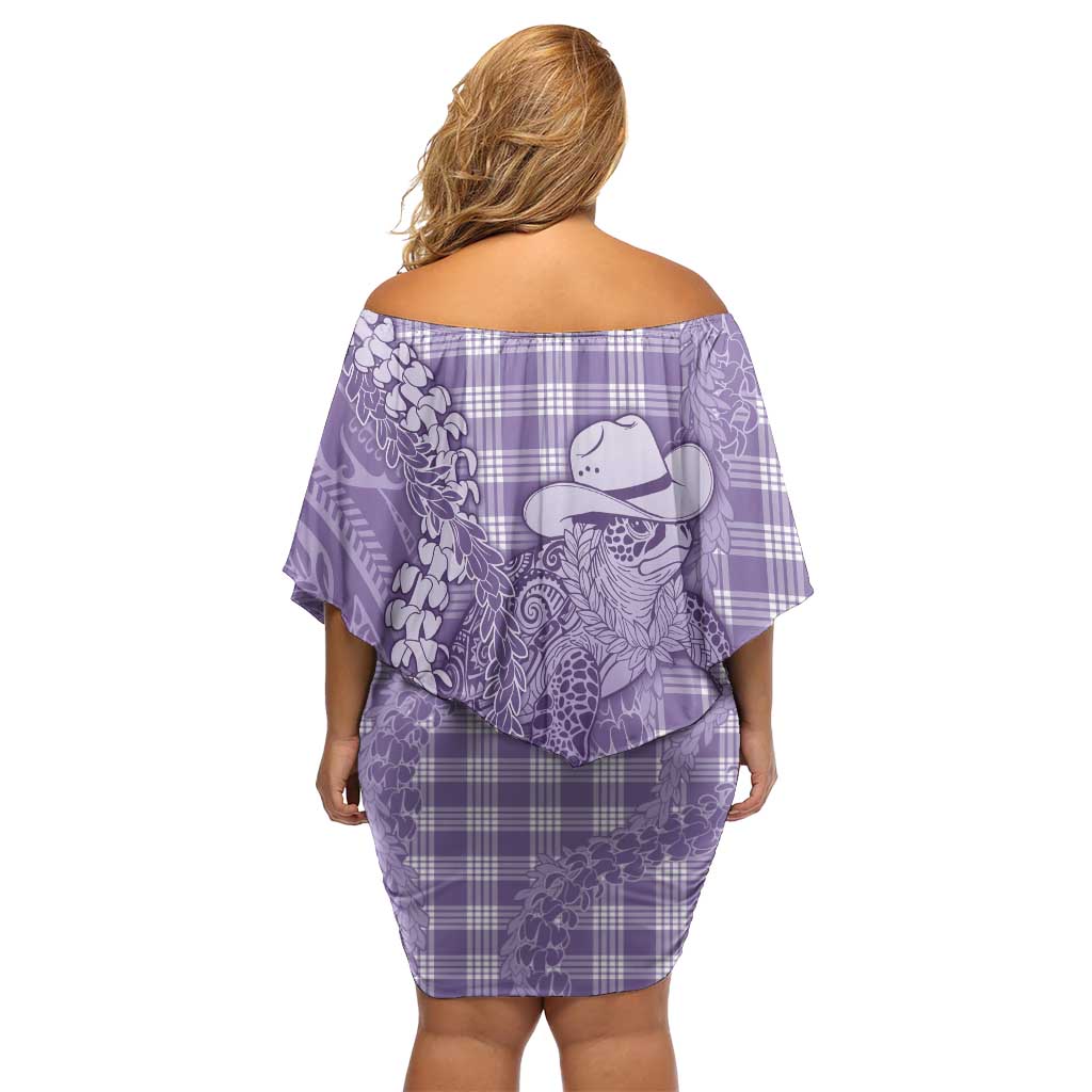 Purple Hawaii Palaka Cowboy Turtle Off Shoulder Short Dress Hawaiian Paniolo Puakenikeni Maile Lei DT05 - Polynesian Pride