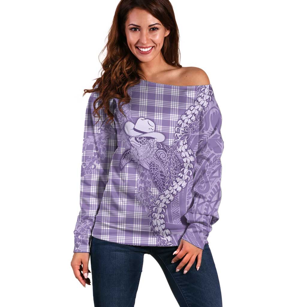 Purple Hawaii Palaka Cowboy Turtle Off Shoulder Sweater Hawaiian Paniolo Puakenikeni Maile Lei DT05 Women Purple - Polynesian Pride
