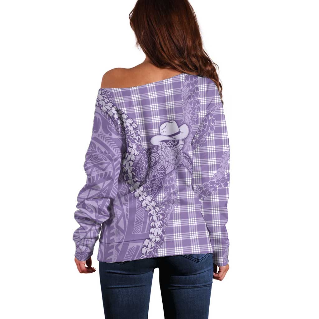 Purple Hawaii Palaka Cowboy Turtle Off Shoulder Sweater Hawaiian Paniolo Puakenikeni Maile Lei DT05 - Polynesian Pride