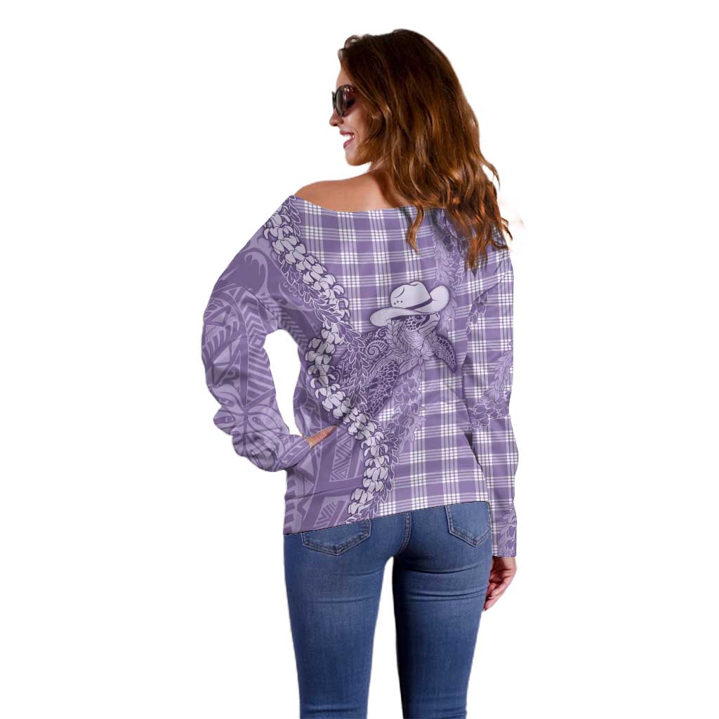 Purple Hawaii Palaka Cowboy Turtle Off Shoulder Sweater Hawaiian Paniolo Puakenikeni Maile Lei DT05 - Polynesian Pride