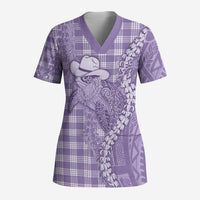 Purple Hawaii Palaka Cowboy Turtle Scrub Top Hawaiian Paniolo Puakenikeni Maile Lei DT05 Adult Purple - Polynesian Pride