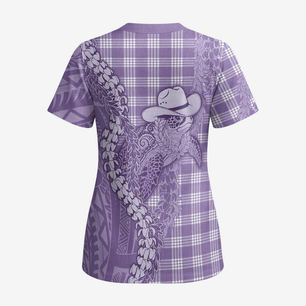 Purple Hawaii Palaka Cowboy Turtle Scrub Top Hawaiian Paniolo Puakenikeni Maile Lei DT05 - Polynesian Pride