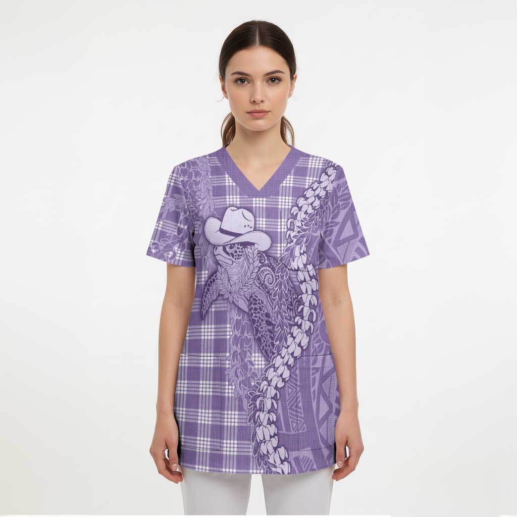 Purple Hawaii Palaka Cowboy Turtle Scrub Top Hawaiian Paniolo Puakenikeni Maile Lei DT05 - Polynesian Pride