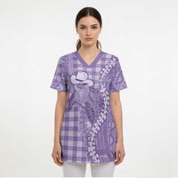 Purple Hawaii Palaka Cowboy Turtle Scrub Top Hawaiian Paniolo Puakenikeni Maile Lei DT05 - Polynesian Pride
