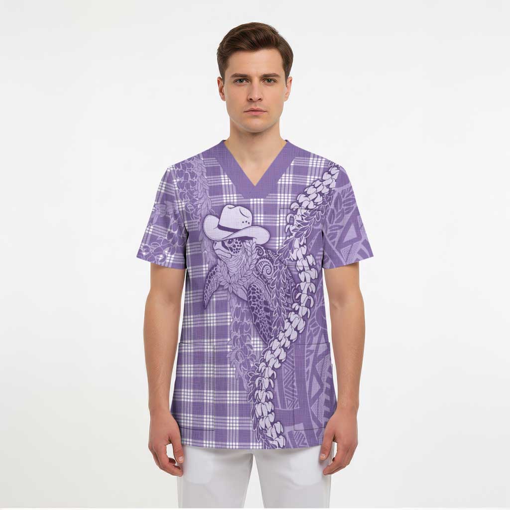 Purple Hawaii Palaka Cowboy Turtle Scrub Top Hawaiian Paniolo Puakenikeni Maile Lei DT05 - Polynesian Pride