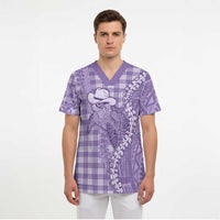 Purple Hawaii Palaka Cowboy Turtle Scrub Top Hawaiian Paniolo Puakenikeni Maile Lei DT05 - Polynesian Pride
