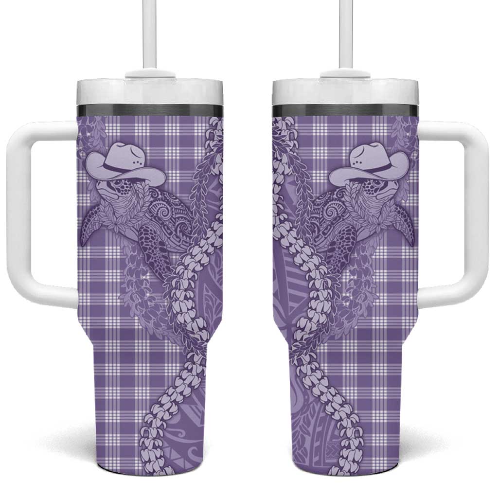Purple Hawaii Palaka Cowboy Turtle Tumbler With Handle Hawaiian Paniolo Puakenikeni Maile Lei DT05 One Size: 40 oz Purple - Polynesian Pride