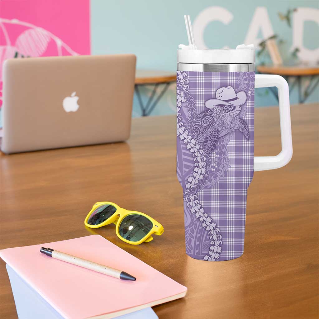 Purple Hawaii Palaka Cowboy Turtle Tumbler With Handle Hawaiian Paniolo Puakenikeni Maile Lei DT05 - Polynesian Pride