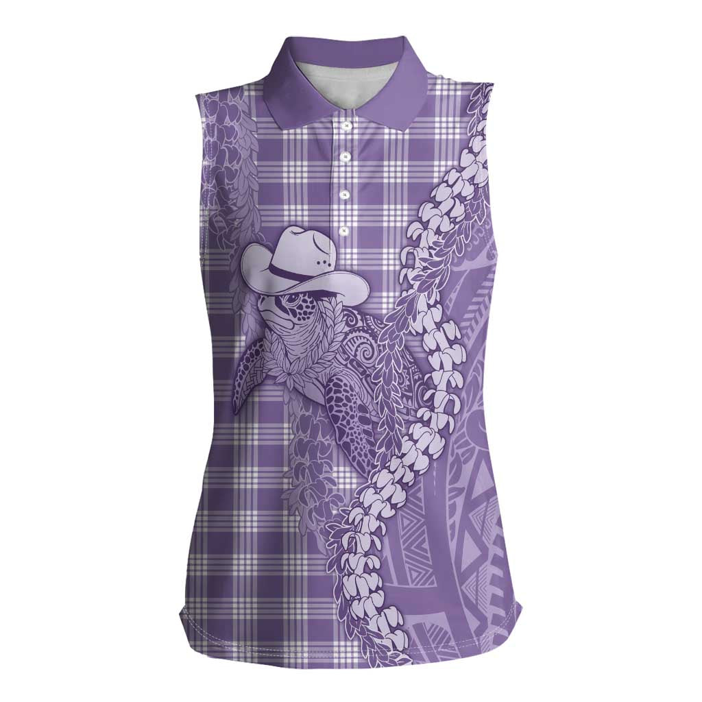 Purple Hawaii Palaka Cowboy Turtle Women Sleeveless Polo Shirt Hawaiian Paniolo Puakenikeni Maile Lei DT05 Female Purple - Polynesian Pride