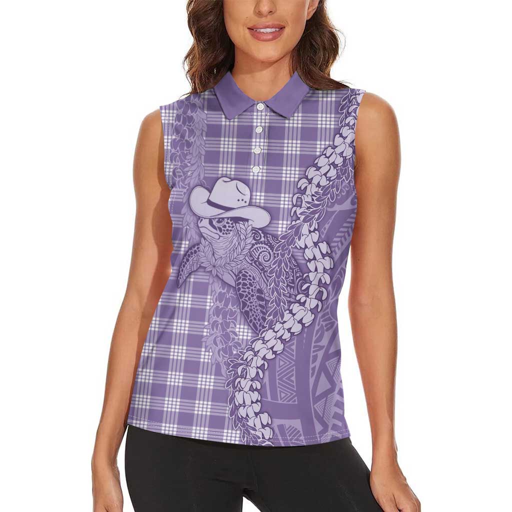 Purple Hawaii Palaka Cowboy Turtle Women Sleeveless Polo Shirt Hawaiian Paniolo Puakenikeni Maile Lei DT05 - Polynesian Pride
